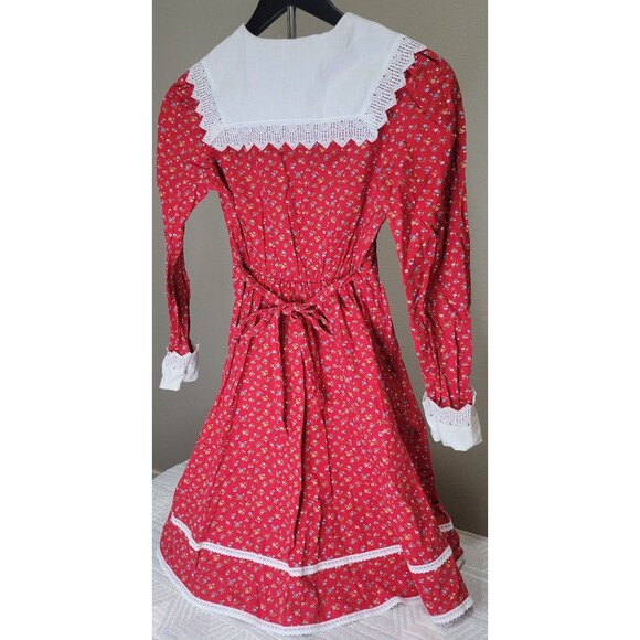 Vintage 70s Cinderella Red Floral Prairie Dress Lace Trim Size 14 Made in USA - Picture 3 of 12